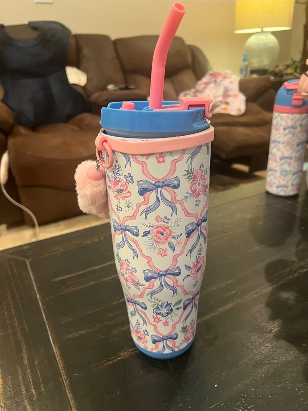 Simply Belle Pink & Blue Floral Insulated Tumbler with Pom Handle